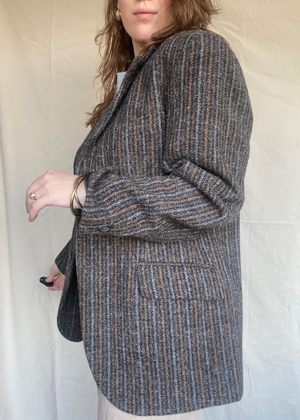 Bruin gestreepte wollen blazer - maat L/XL