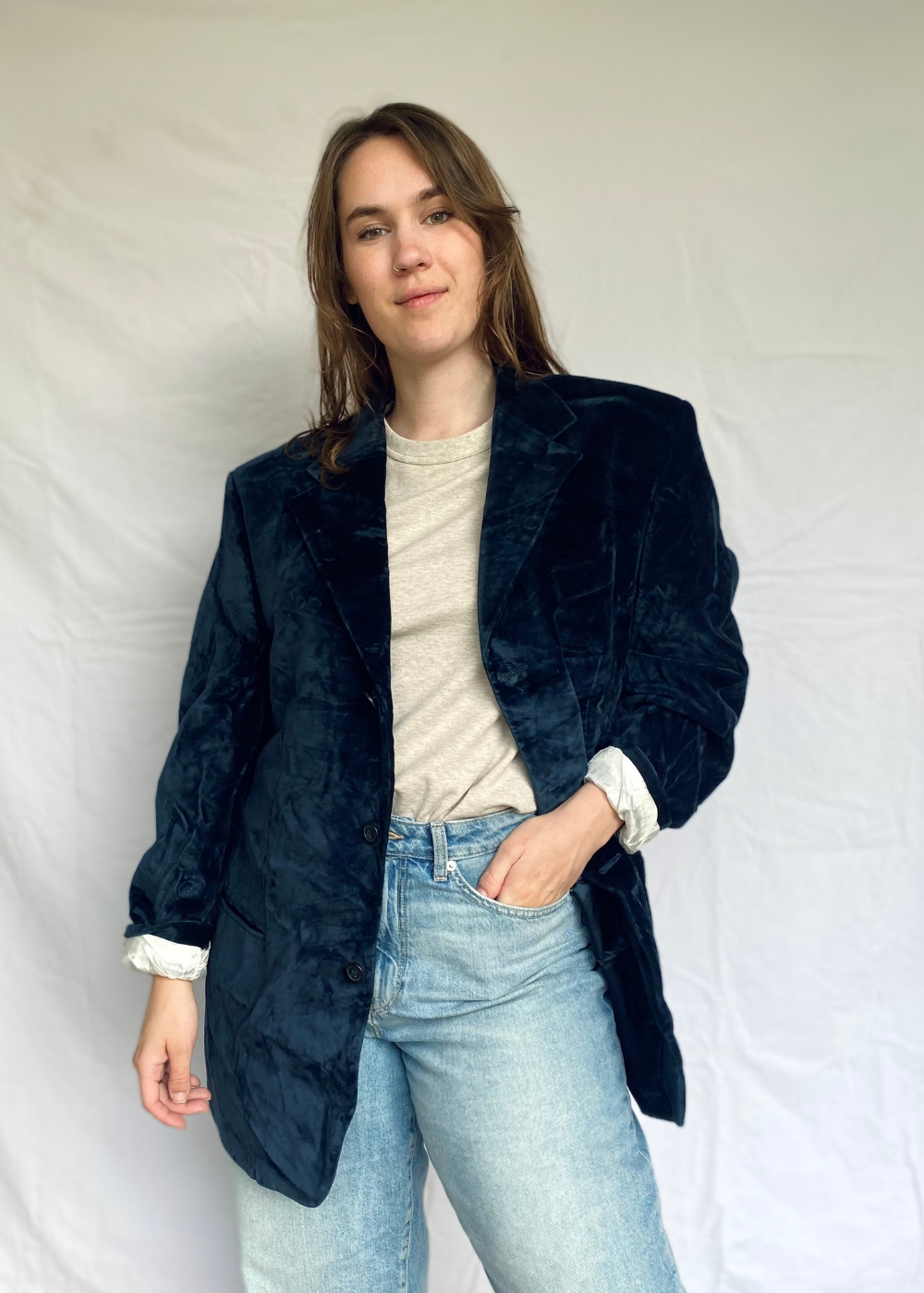 Donkerblauwe velvet blazer - l/xl