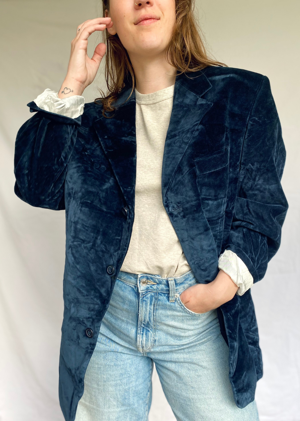 Donkerblauwe velvet blazer - l/xl