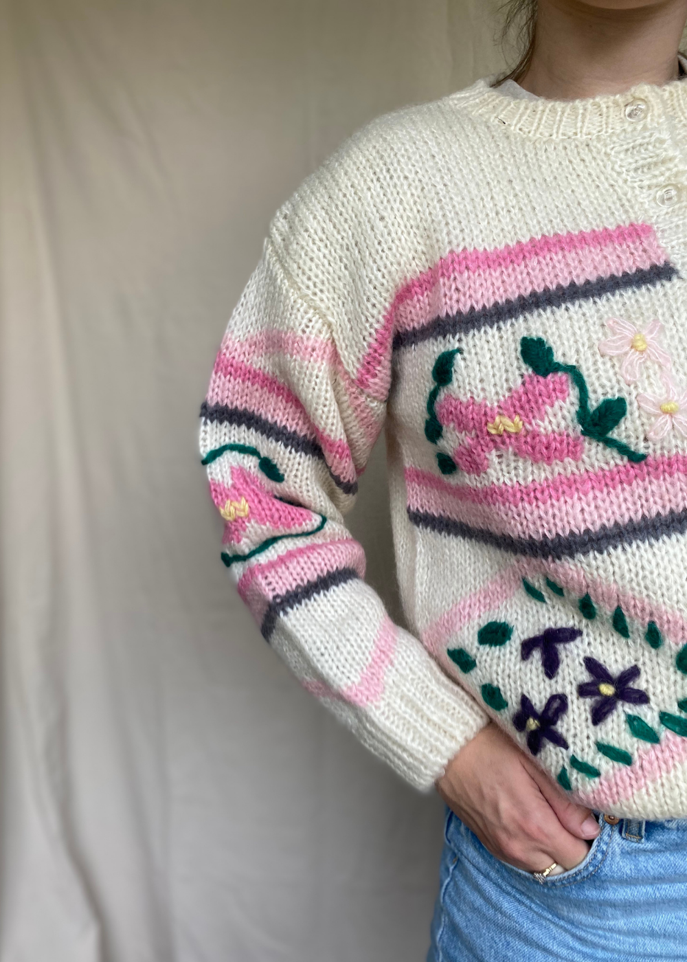 100% wollen vest met bloemen - maat L/XL
