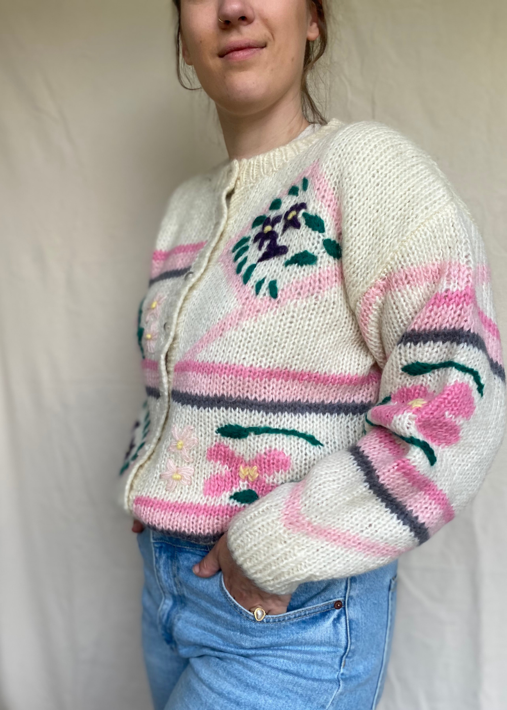 100% wollen vest met bloemen - maat L/XL