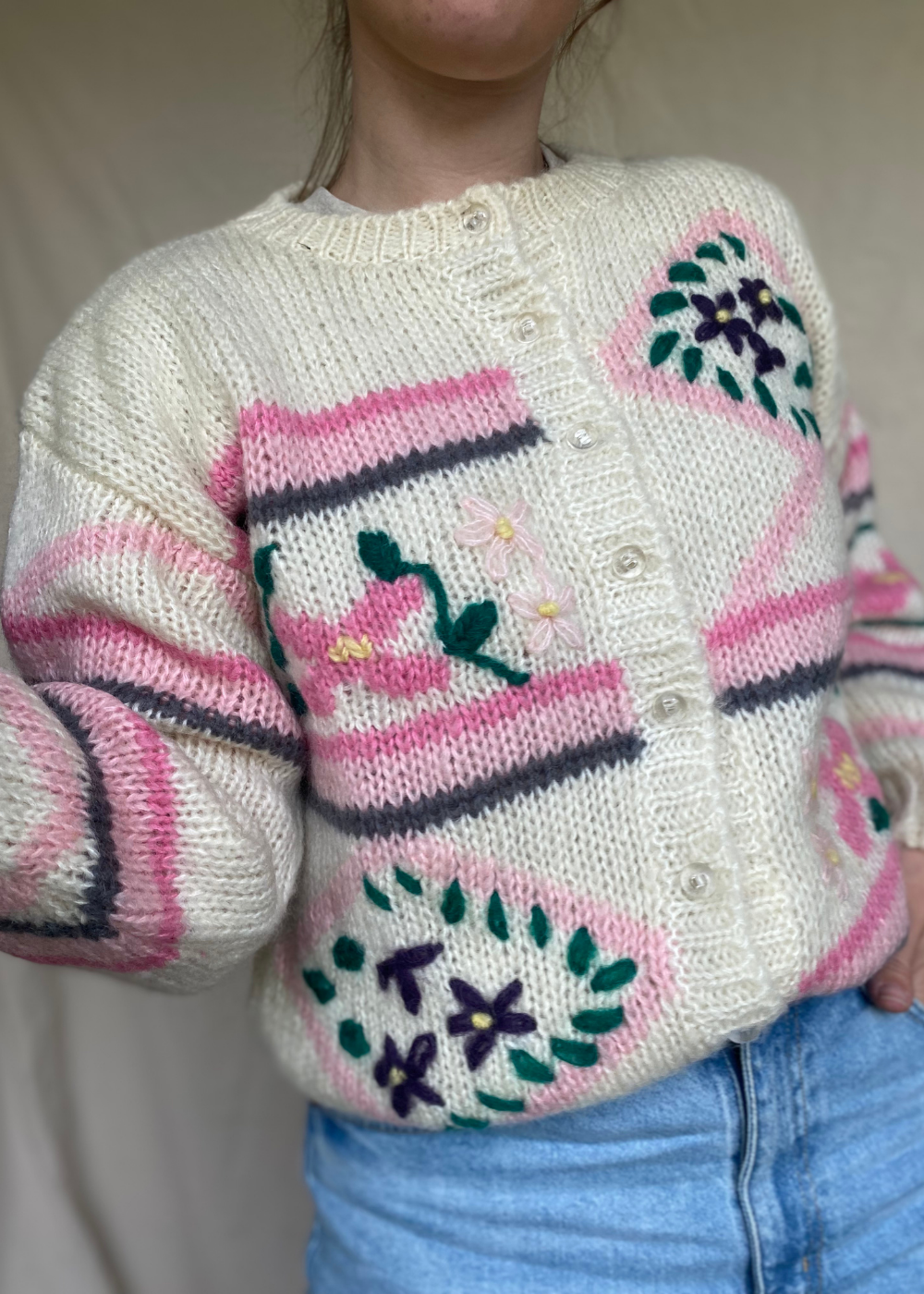 100% wollen vest met bloemen - maat L/XL
