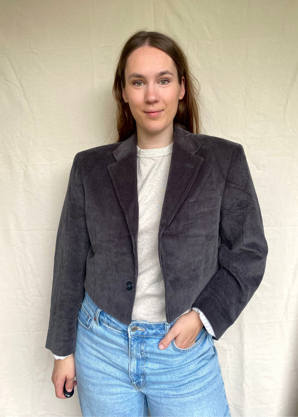 Cropped grijze ribstof blazer - maat L/XL