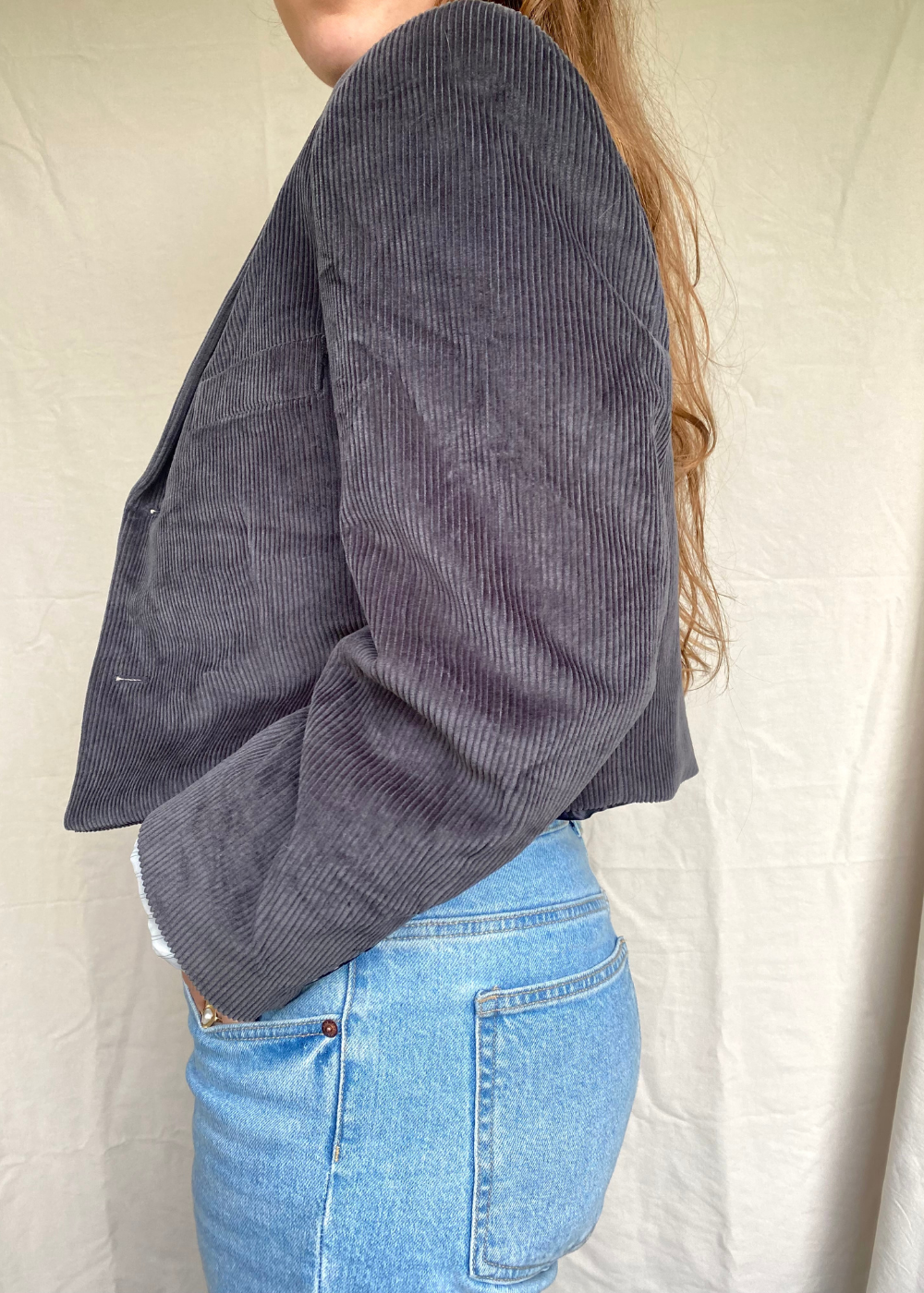 Cropped grijze ribstof blazer - maat L/XL