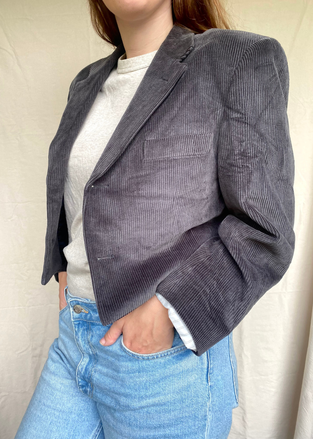 Cropped grijze ribstof blazer - maat L/XL