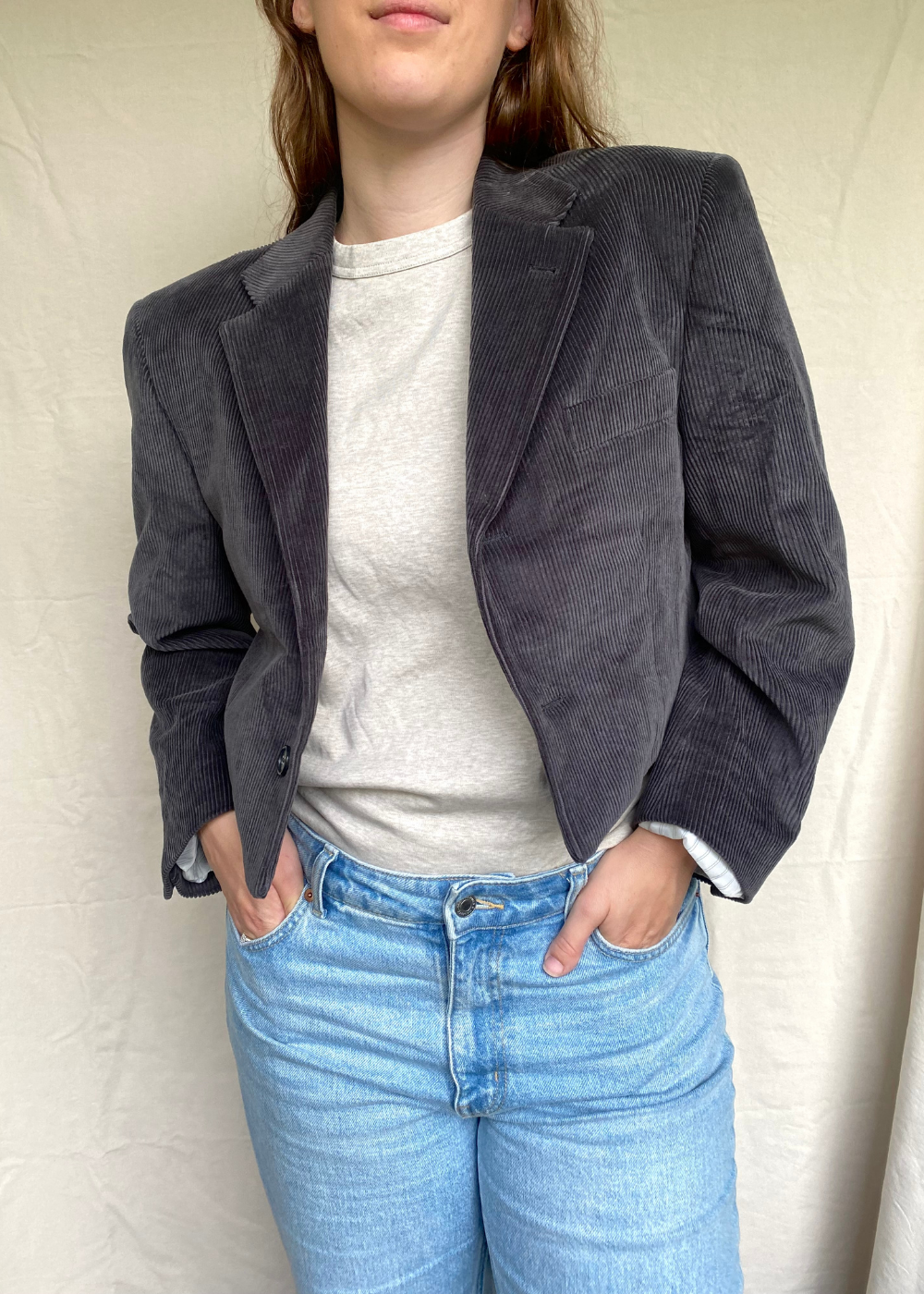 Cropped grijze ribstof blazer - maat L/XL