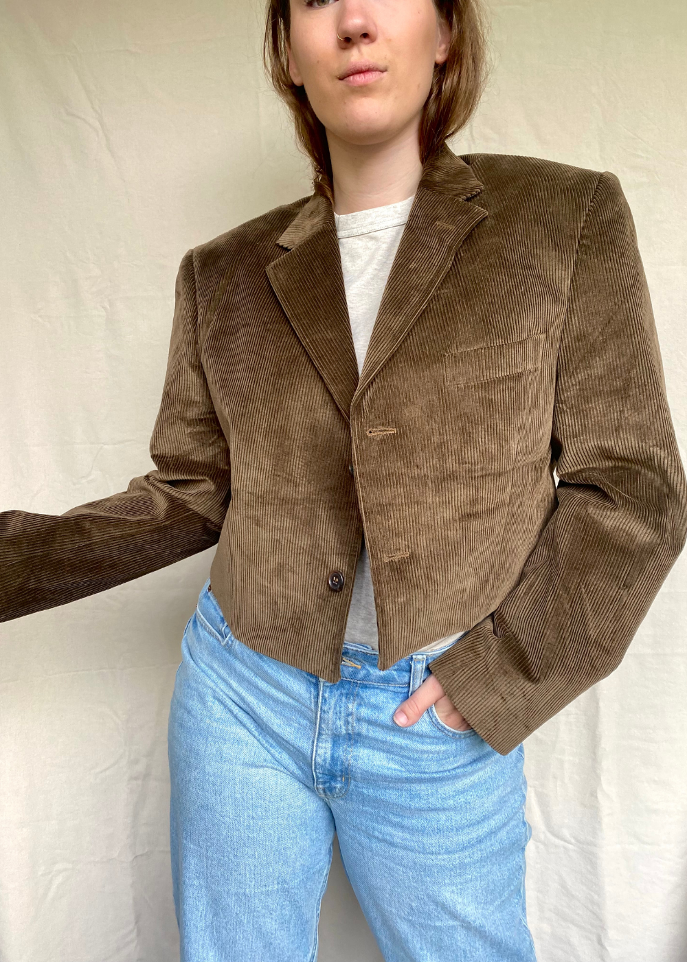 Bruine Remade ribstof blazer - maat L/XL