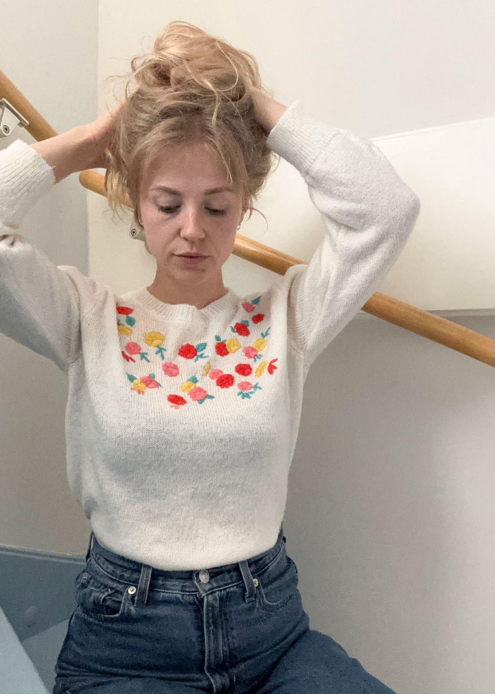 Crème witte trui met bloemen - maat S