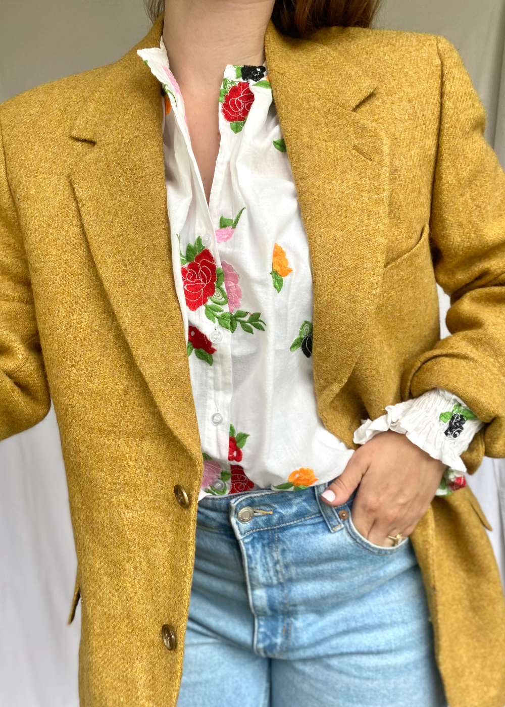 Okergele wollen dames blazer - maat L/XL