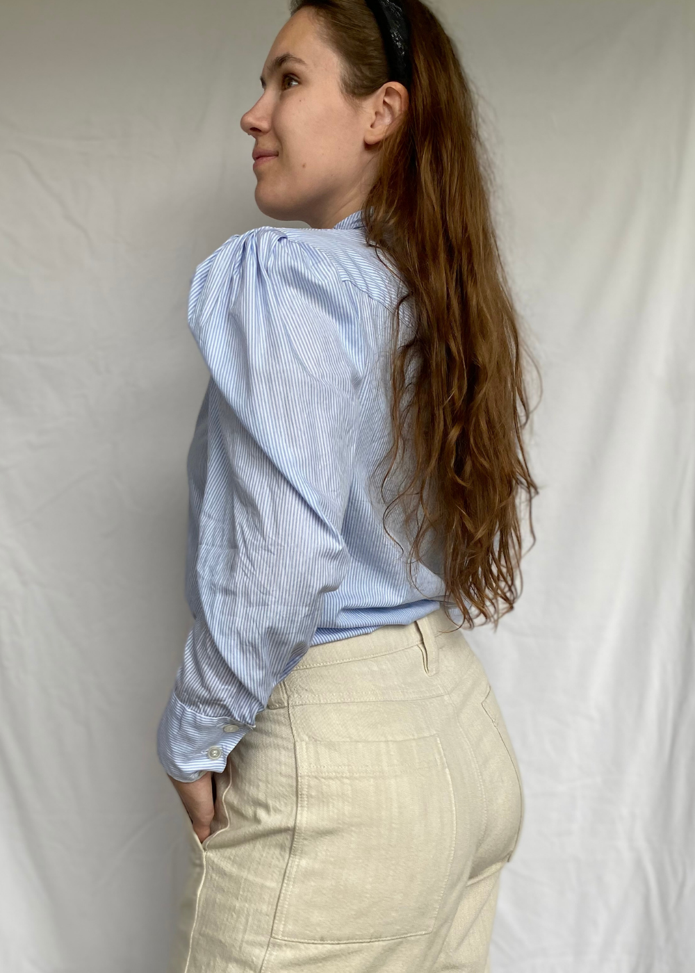 Dames blauwe strepen blouse met strik - maat M