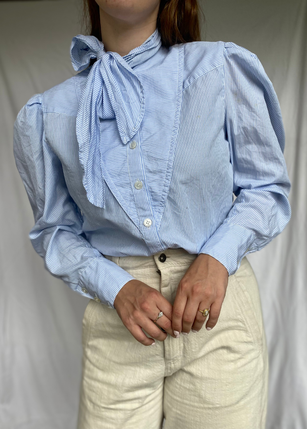 Dames blauwe strepen blouse met strik - maat M