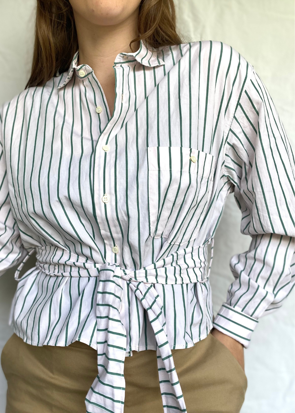 Remade - roze blouse met groene strepen - maat M/L