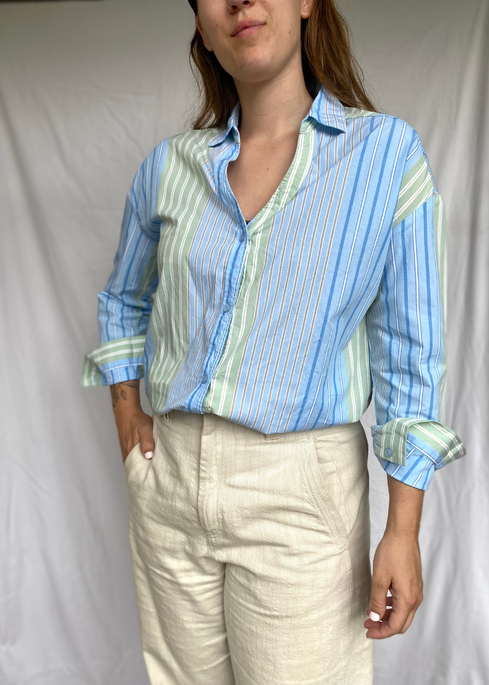 Groen en blauwe katoenen dames blouse - maat M/L