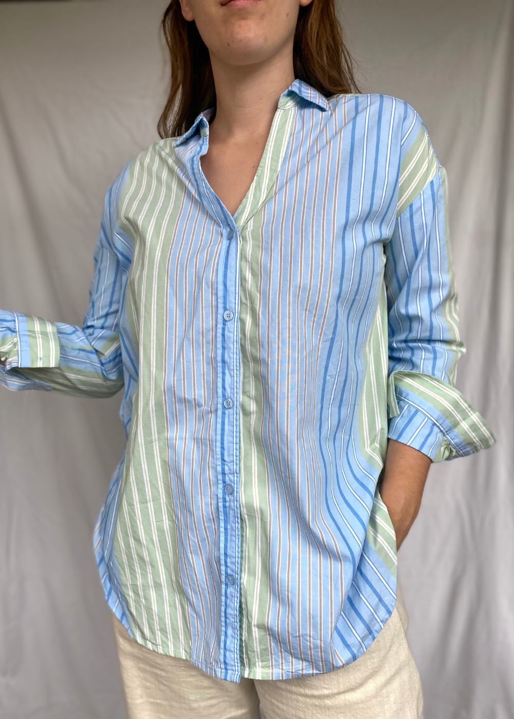 Groen en blauwe katoenen dames blouse - maat M/L