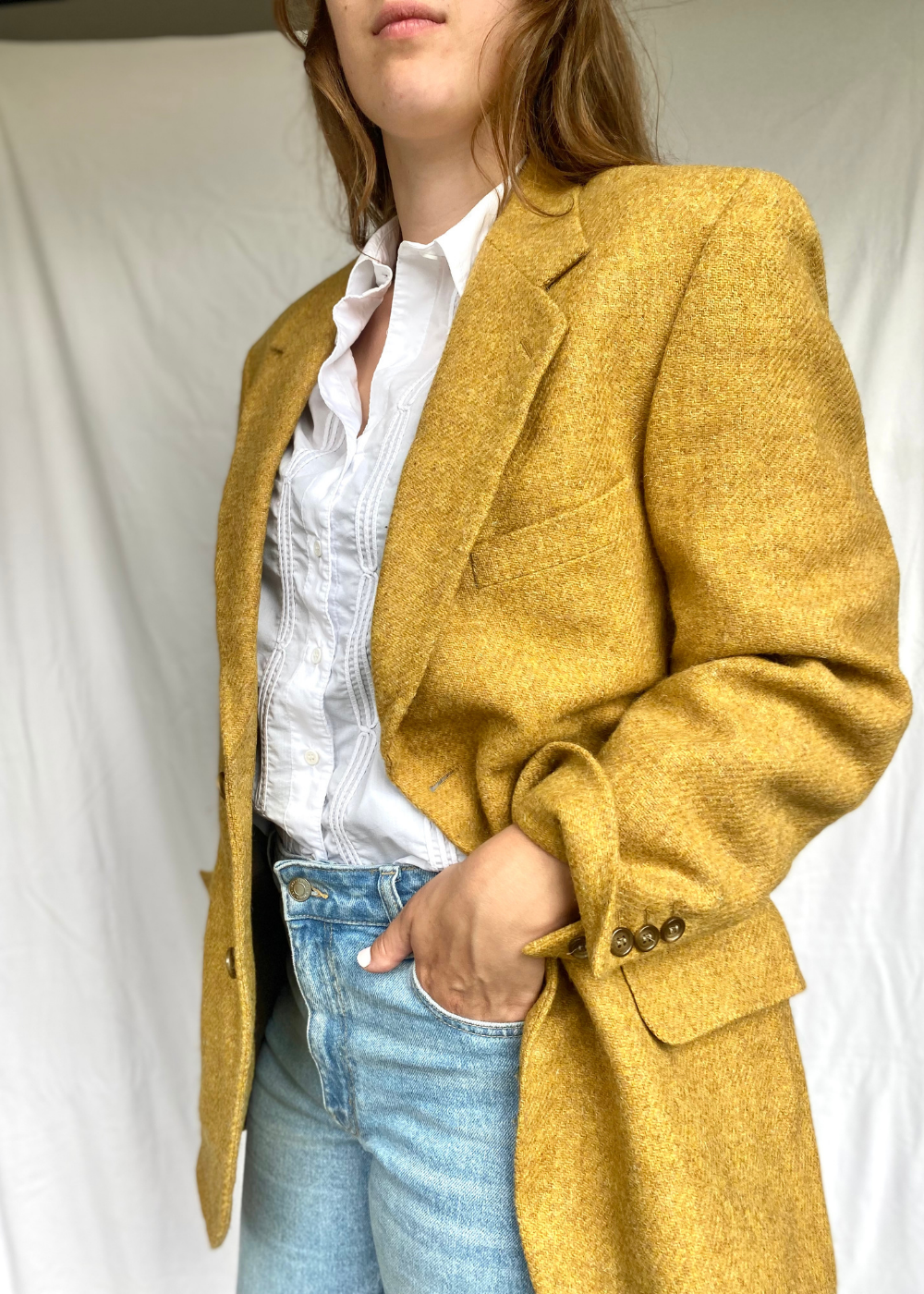 Okergele wollen dames blazer - maat L/XL