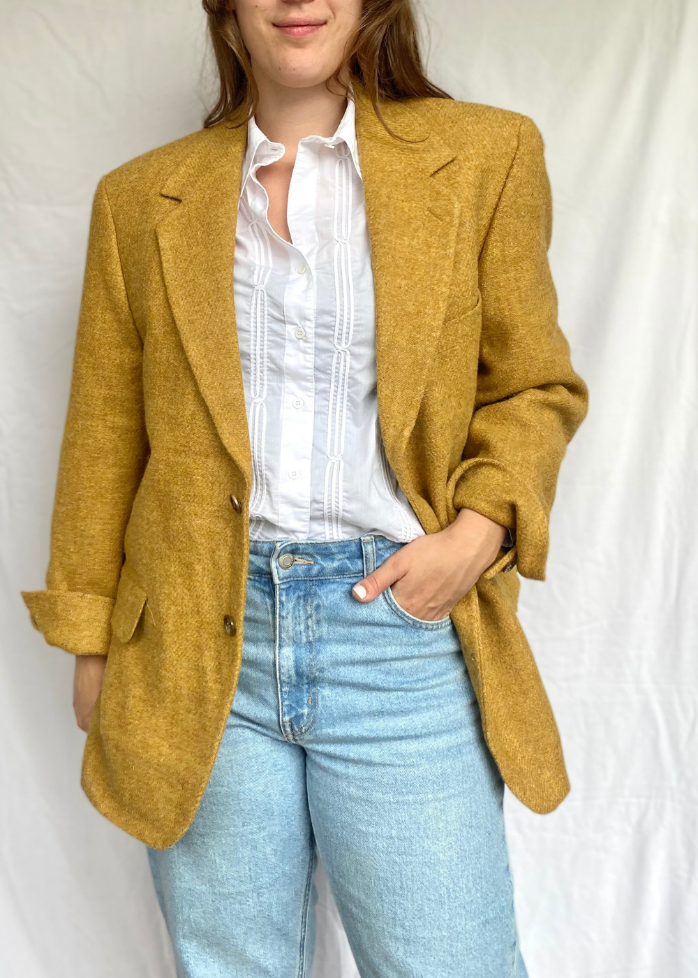 Okergele wollen dames blazer - maat L/XL
