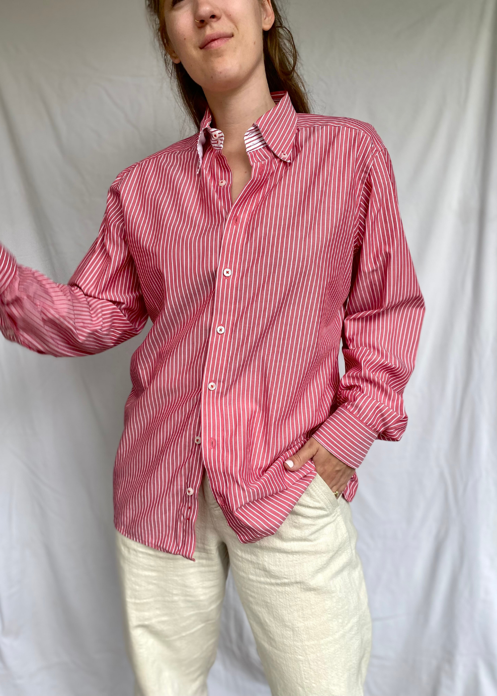 Roze dames blouse met witte strepen - maat M/L/XL