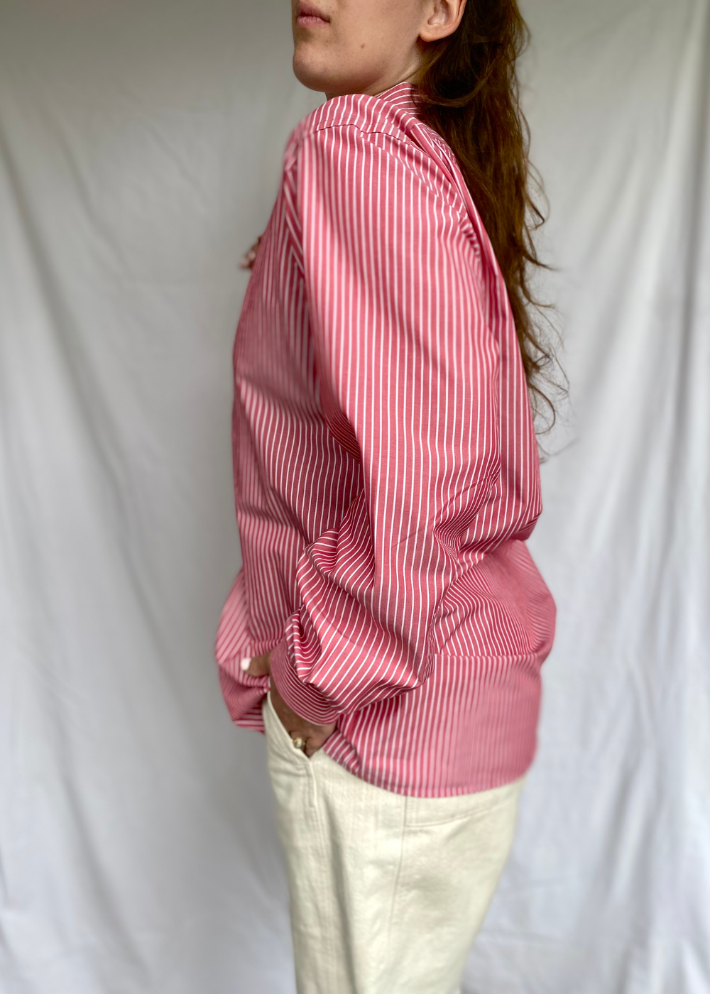Roze dames blouse met witte strepen - maat M/L/XL