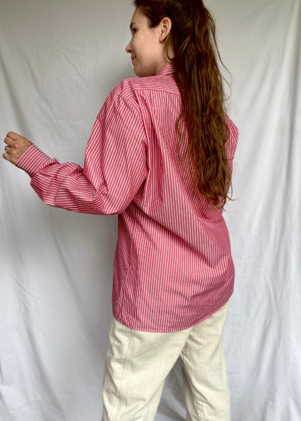 Roze dames blouse met witte strepen - maat M/L/XL