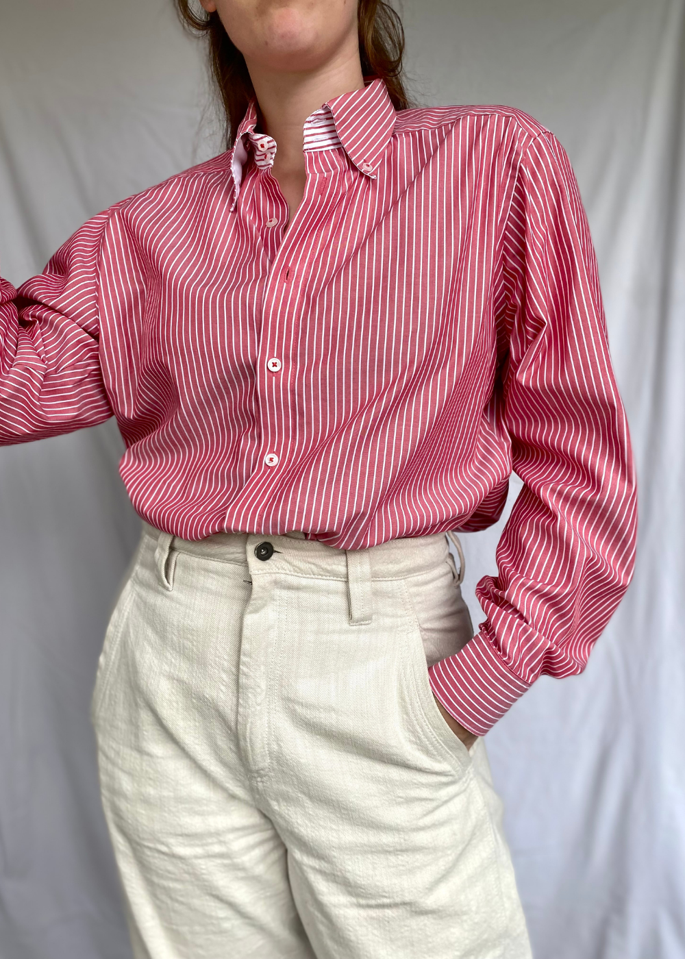 Roze dames blouse met witte strepen - maat M/L/XL