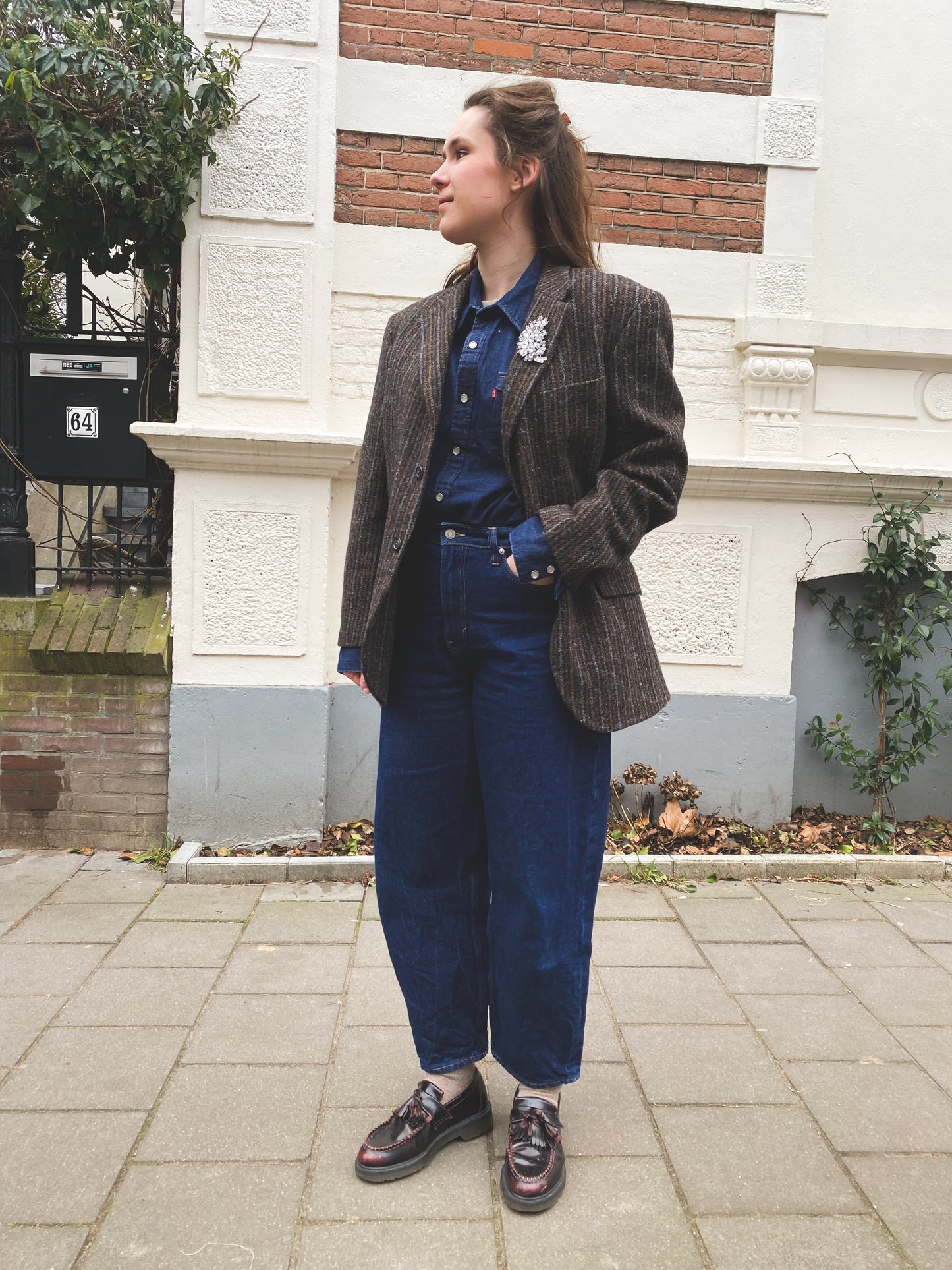 Bruin gestreepte wollen blazer - maat L/XL