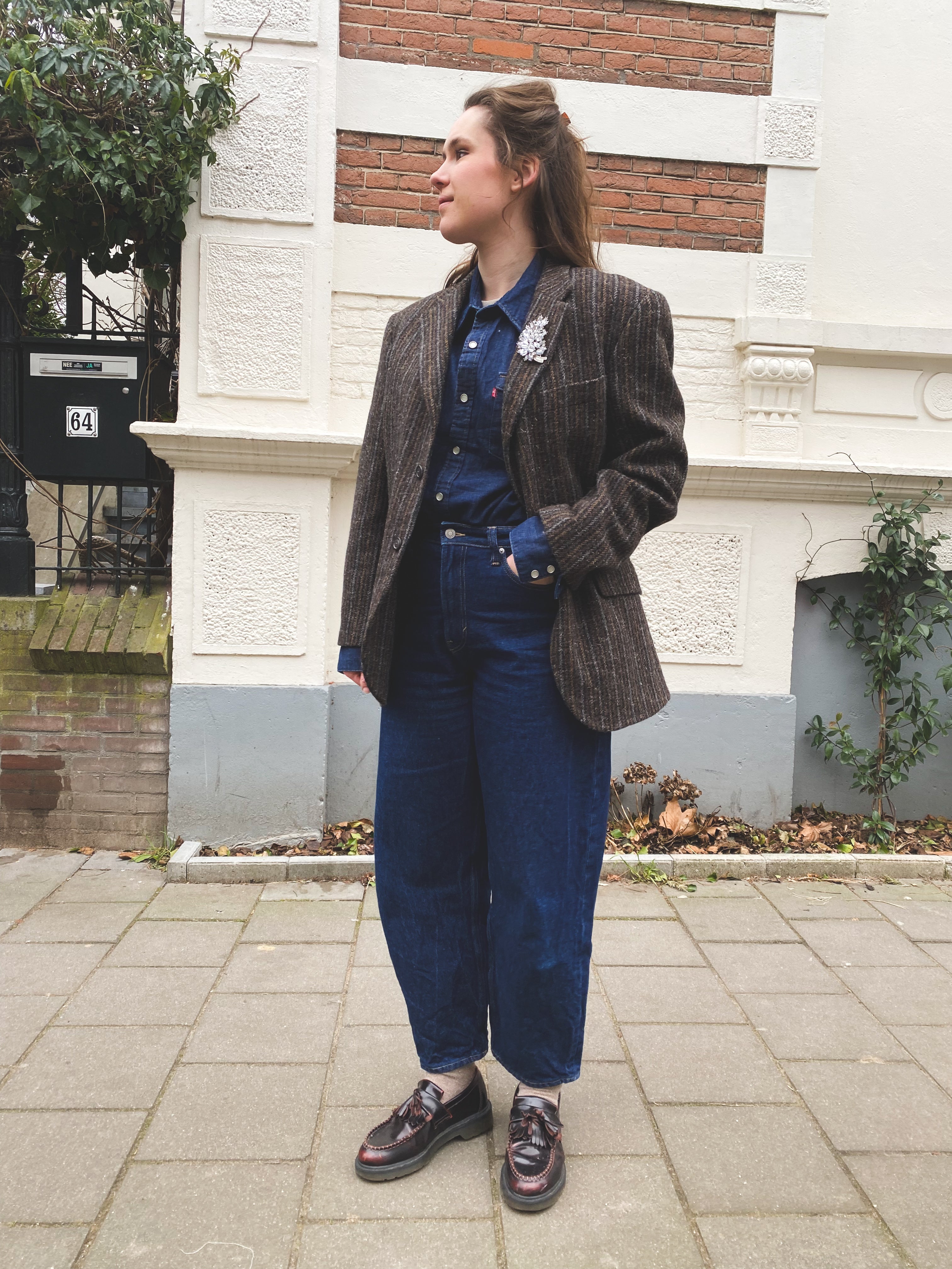 Bruin gestreepte wollen blazer - maat L/XL