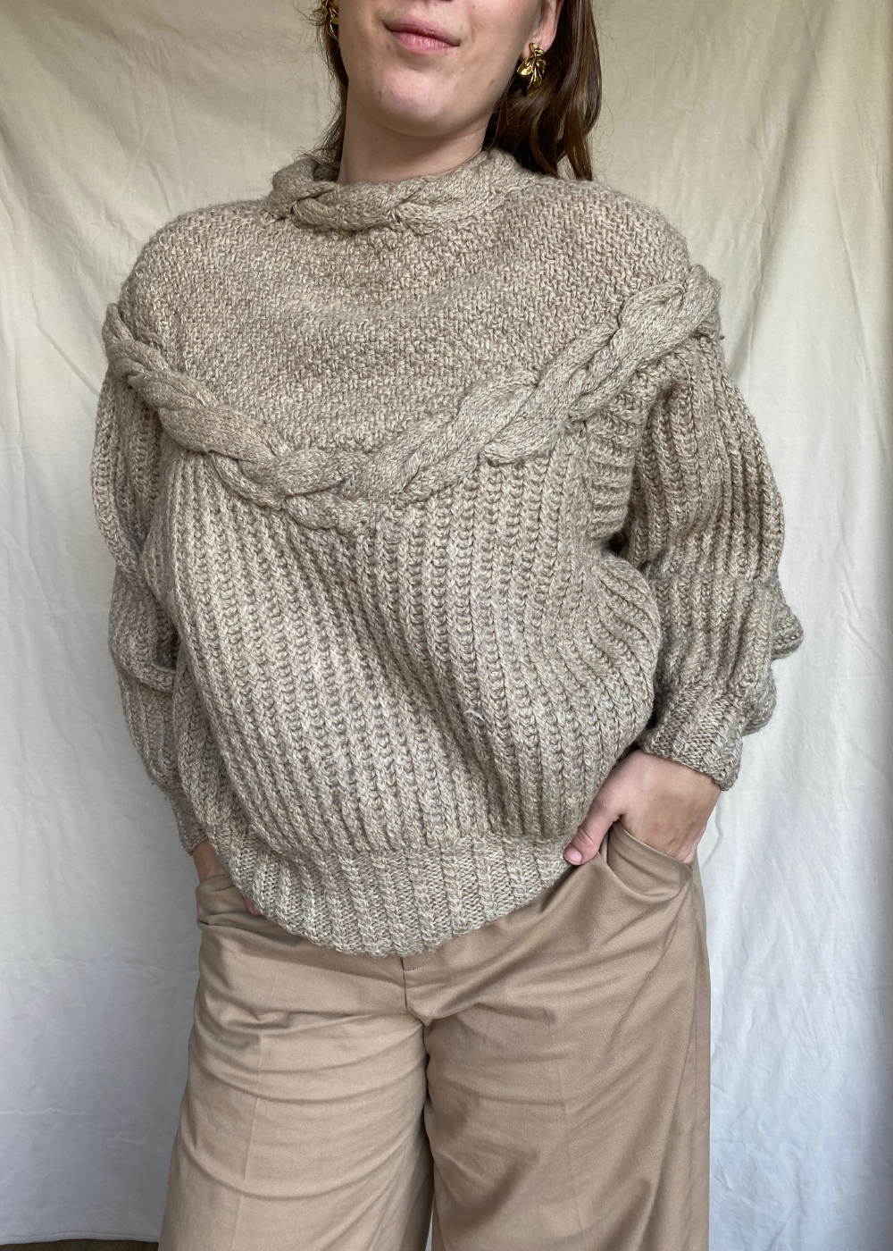 Beige handgebreide trui - maat L/XL