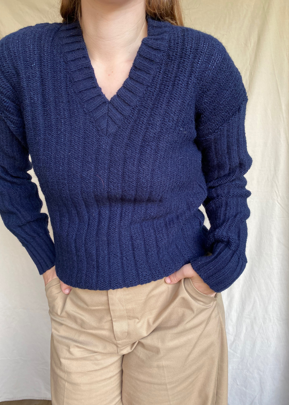 Donkerblauwe v-hals trui - maat S/M
