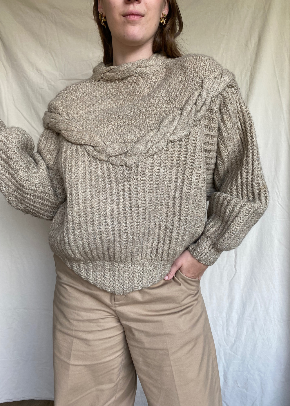 Beige handgebreide trui - maat L/XL