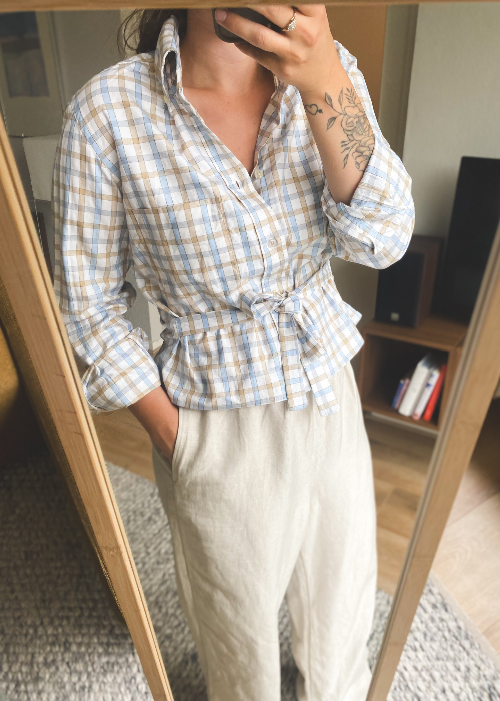 Remade beige/blauwe blouse - maat M/L