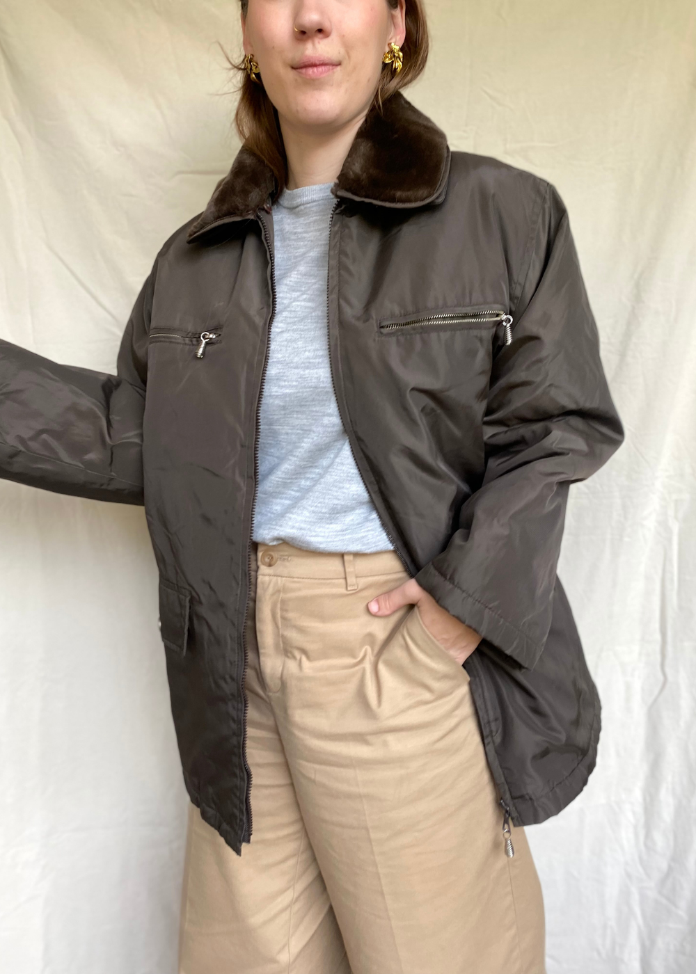 Bruine jas met kraag - maat L/XL