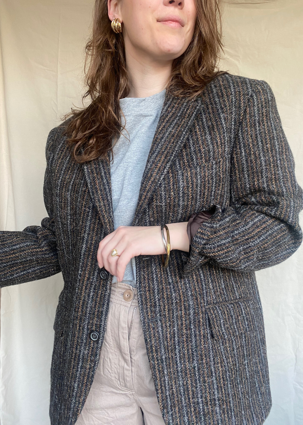 Bruin gestreepte wollen blazer - maat L/XL