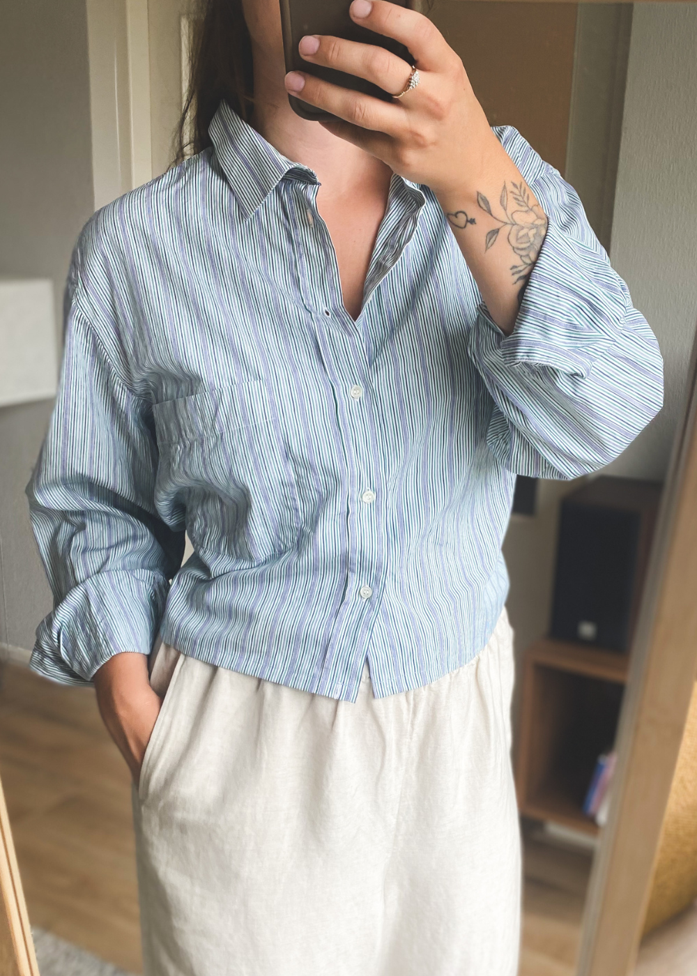 Remade groen/blauw gestreepte blouse - maat L/XL