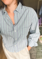 Remade groen/blauw gestreepte blouse - maat L/XL