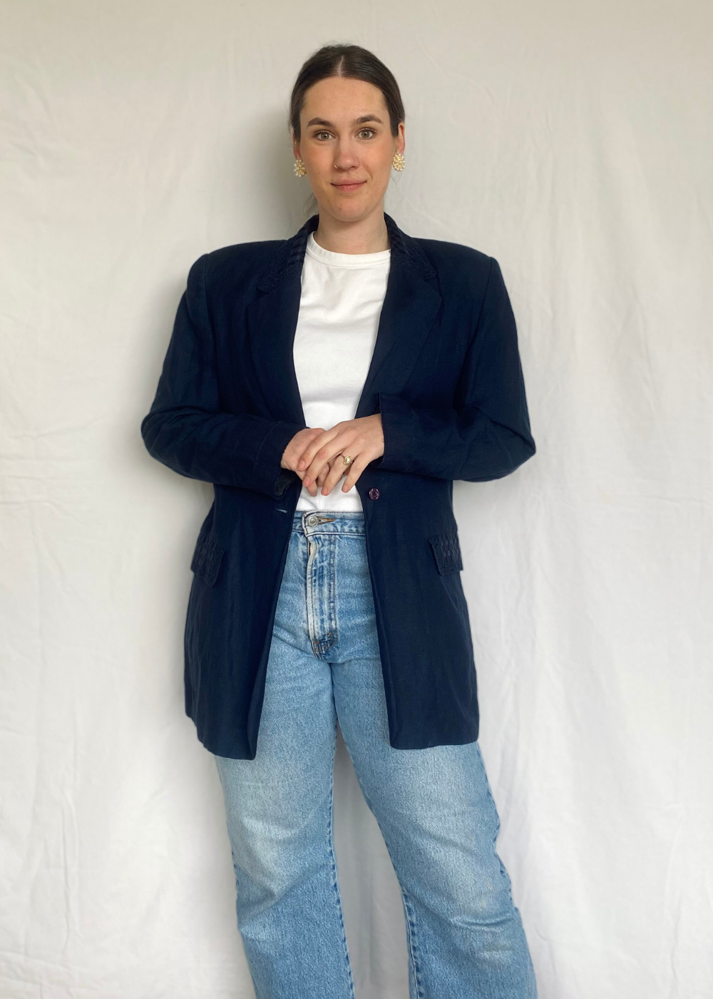 Dames donkerblauwe linnen blazer - maat M/L