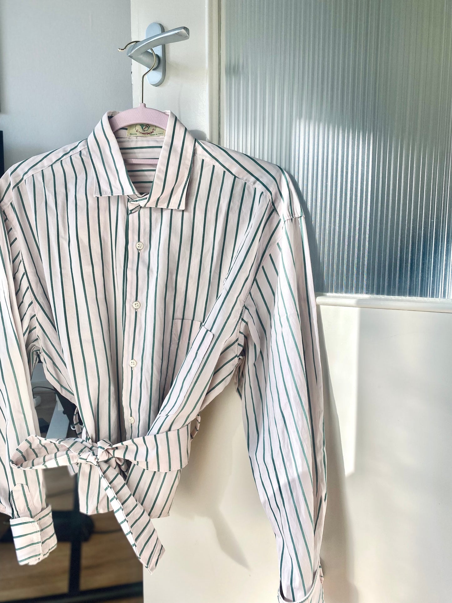 Remade - roze blouse met groene strepen - maat M/L