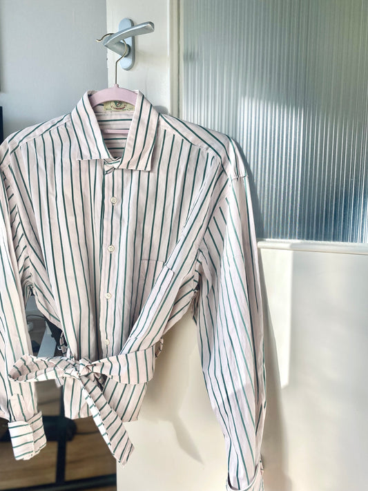 Remade - roze blouse met groene strepen - maat M/L