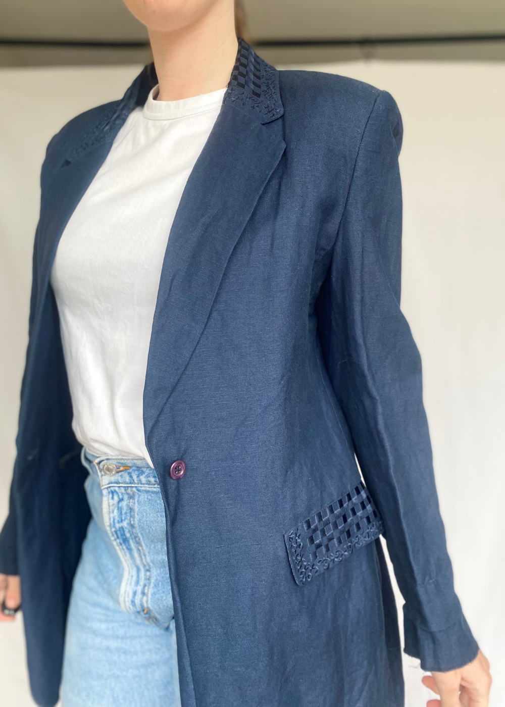 Dames donkerblauwe linnen blazer - maat M/L