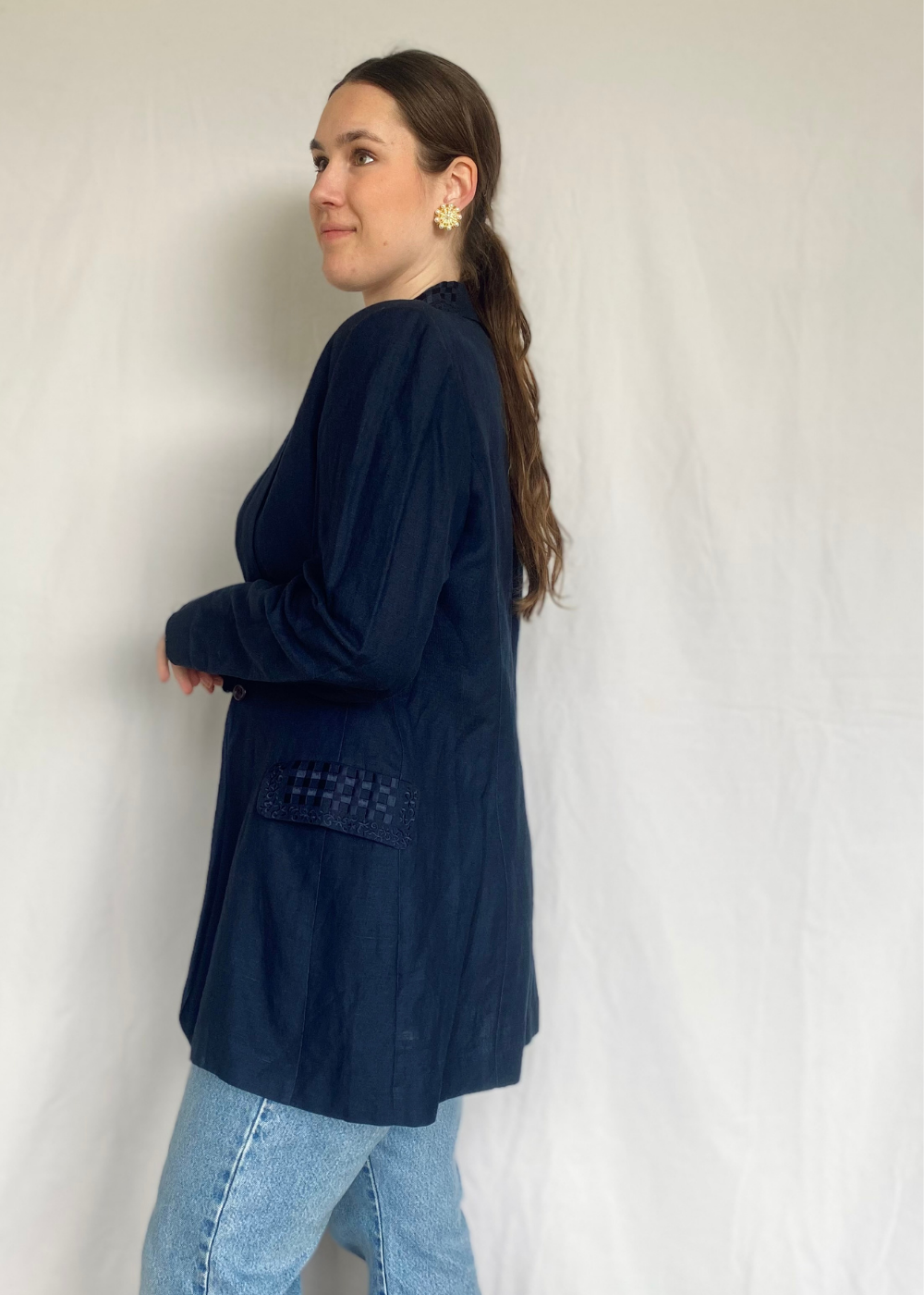 Dames donkerblauwe linnen blazer - maat M/L