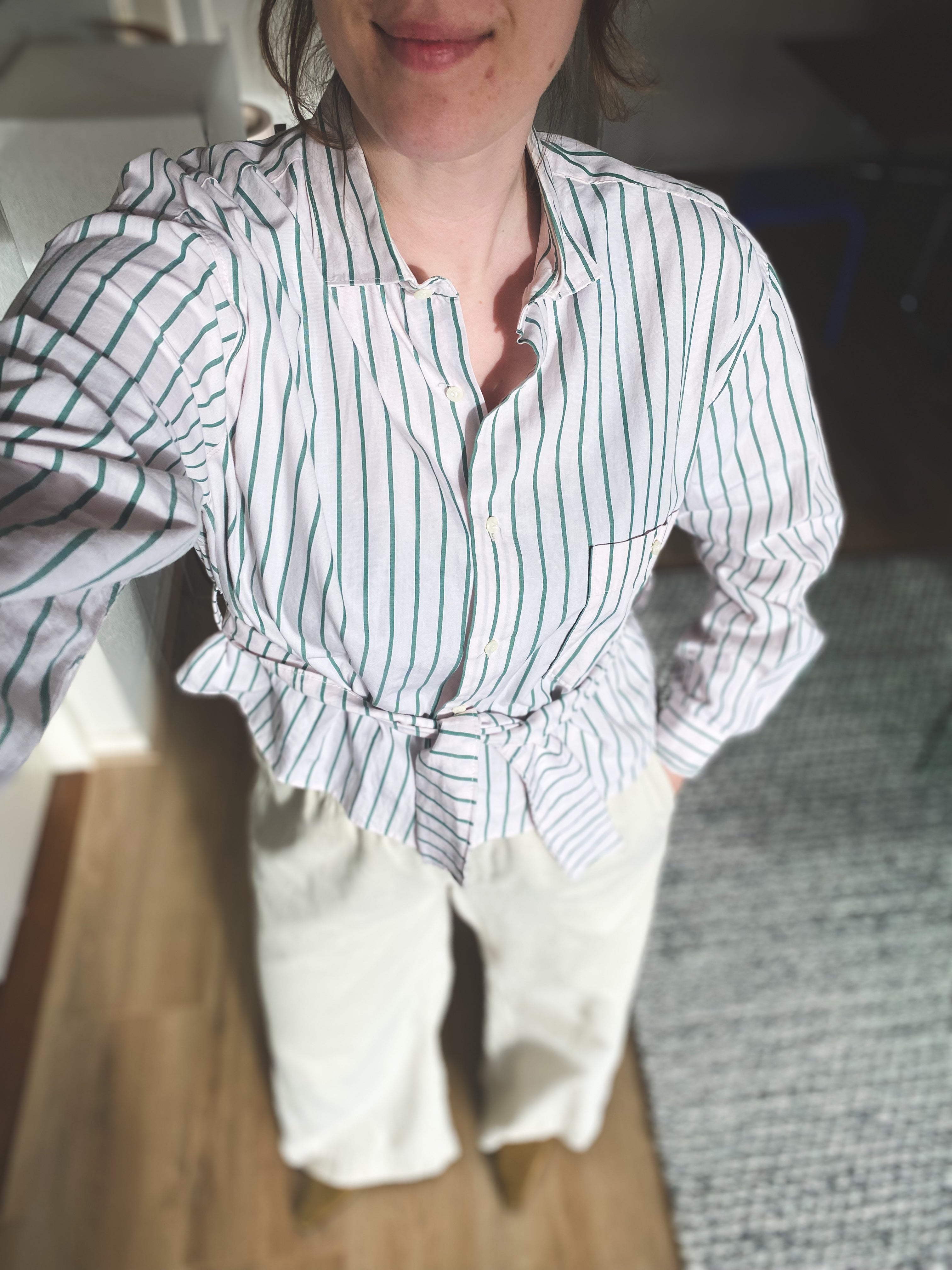 Remade - roze blouse met groene strepen - maat M/L