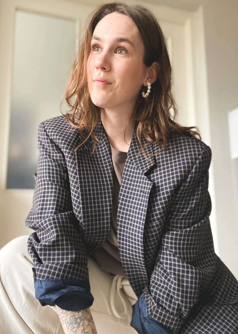 Wollen geruiten blazer - L