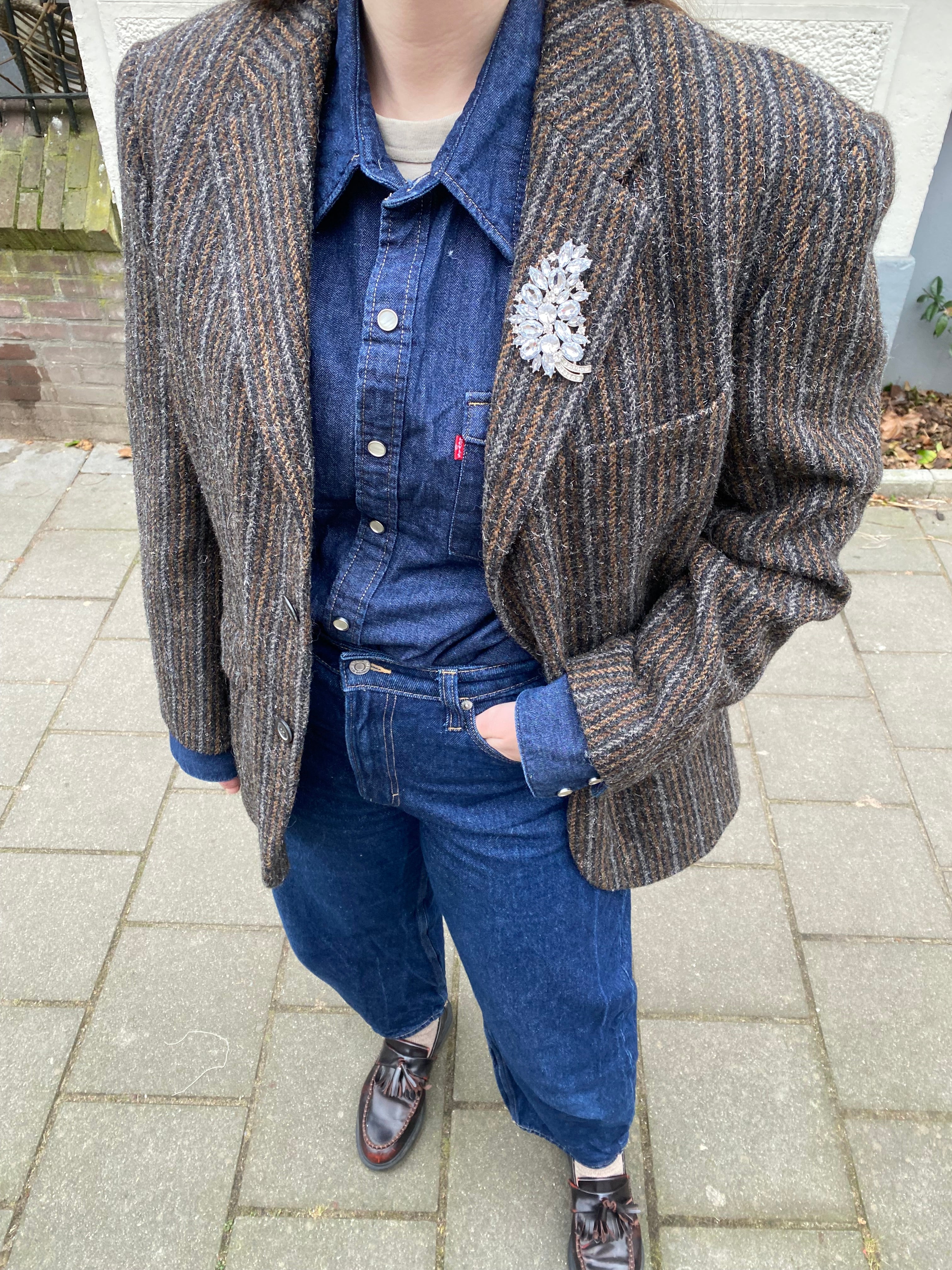 Bruin gestreepte wollen blazer - maat L/XL