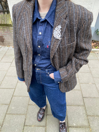 Bruin gestreepte wollen blazer - maat L/XL