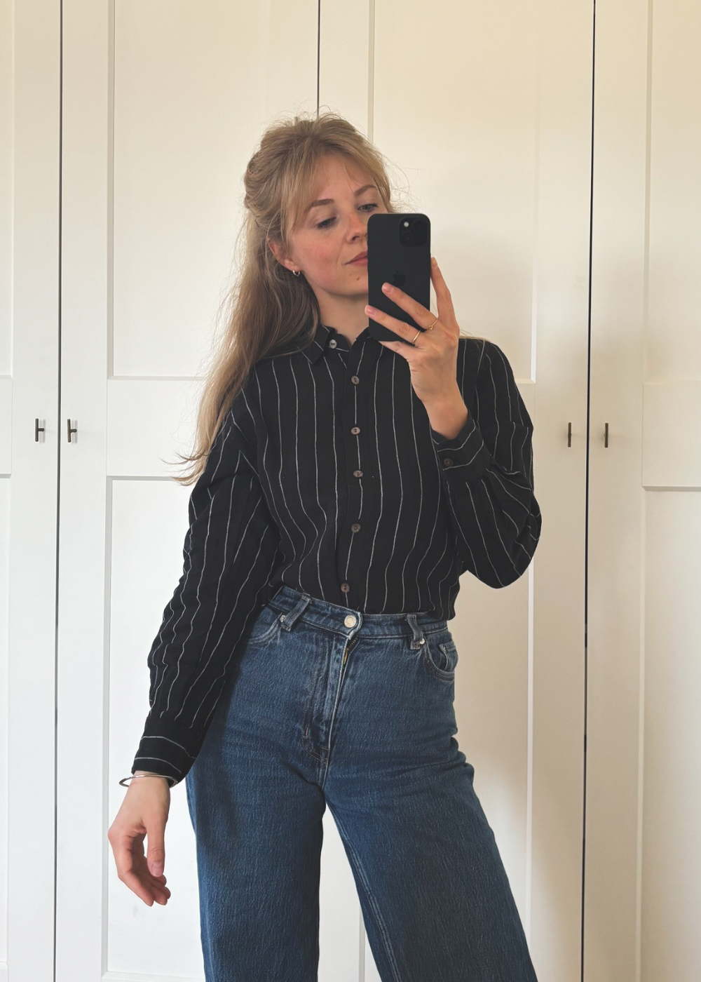 Zwart gestreepte linnen blouse - S/M