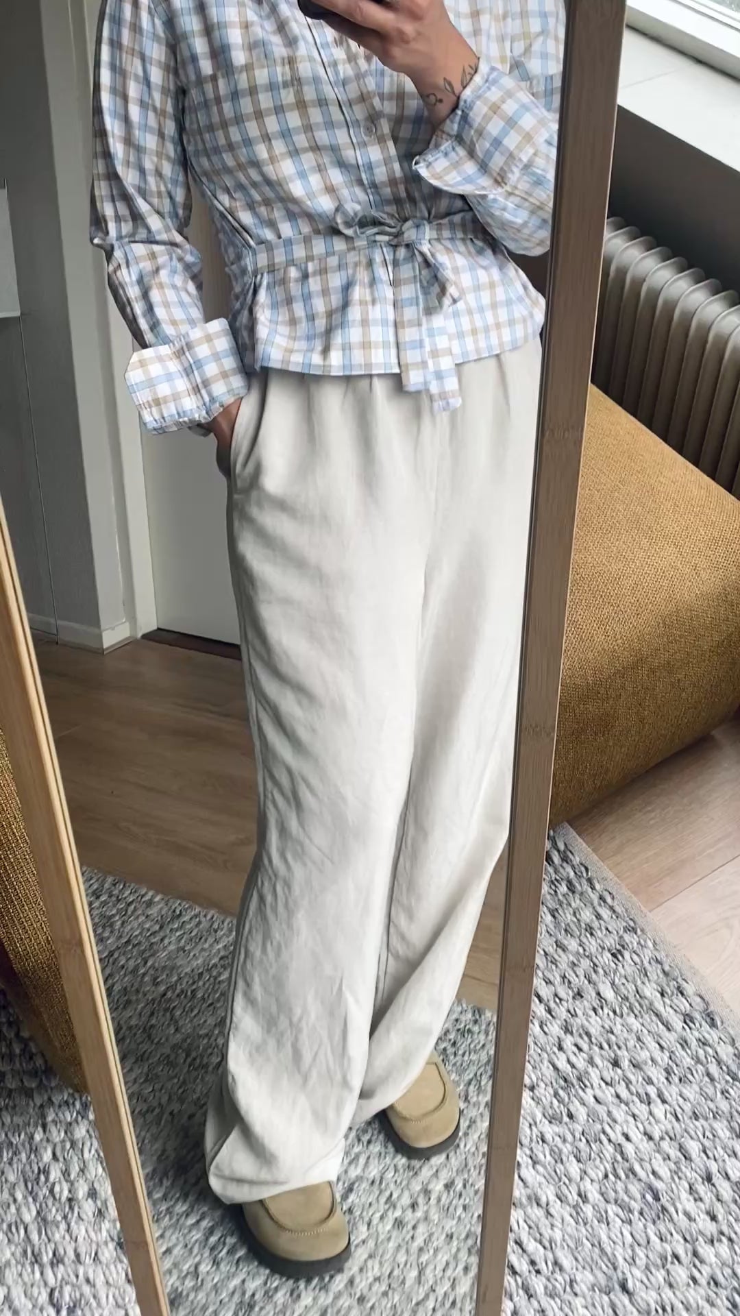 Remade beige/blauwe blouse - maat M/L