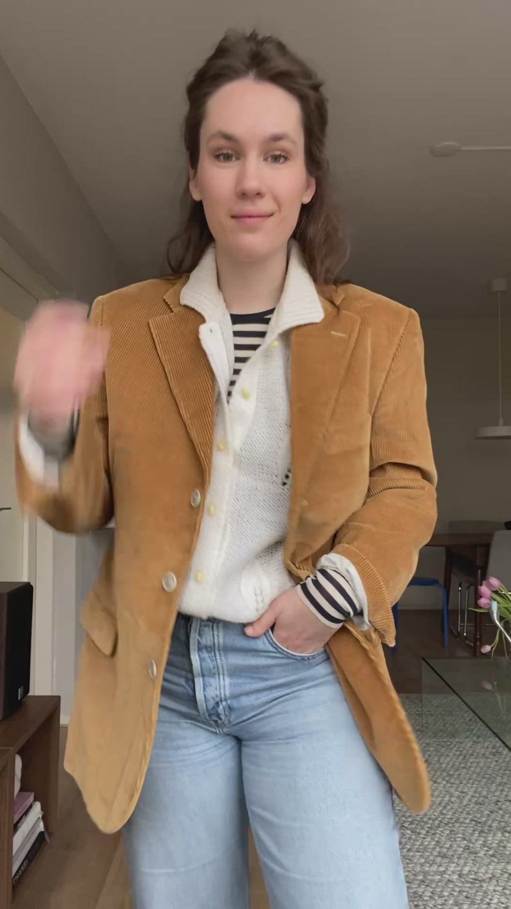 Dames camel beige ribstof blazer - maat L/XL