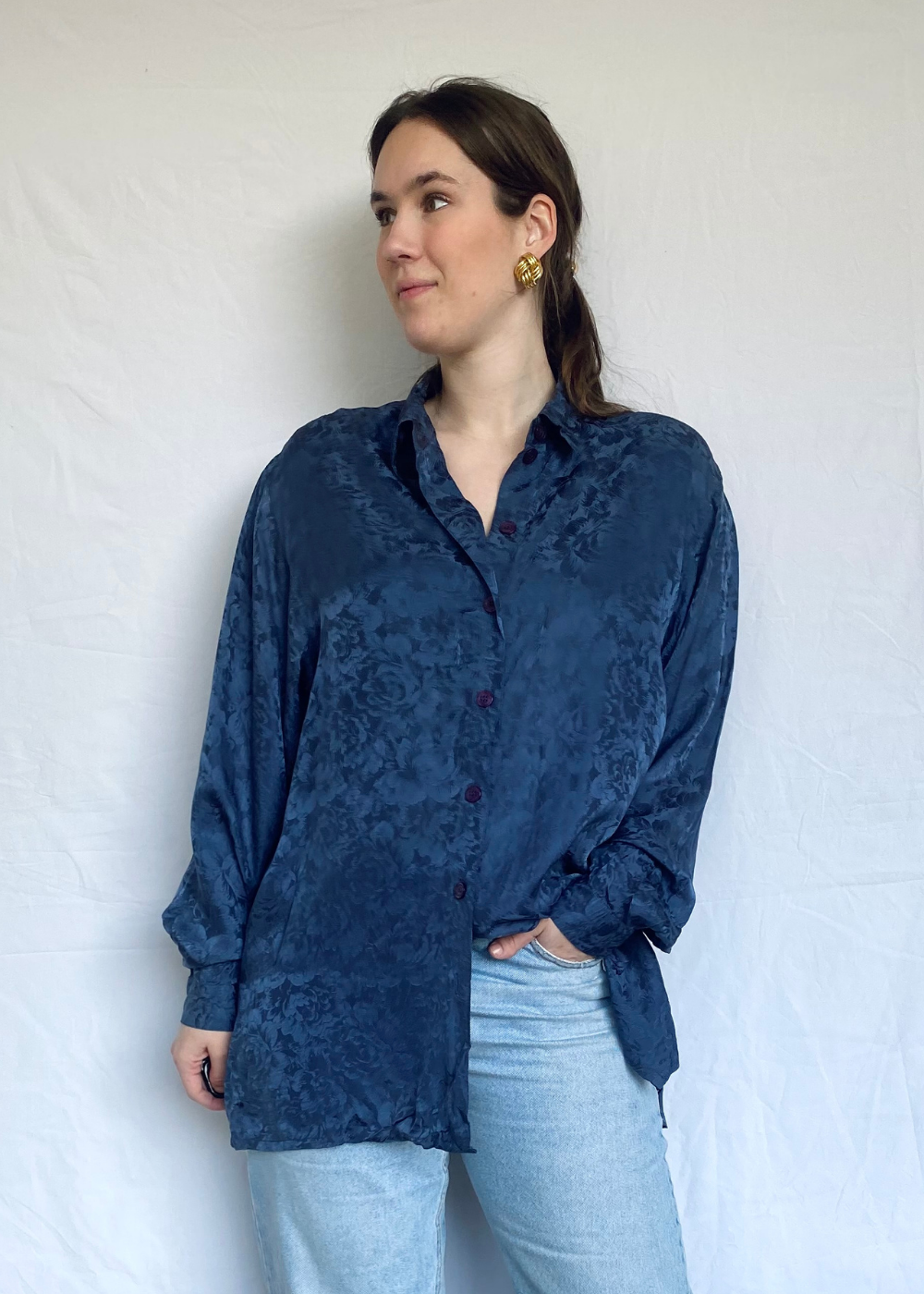 100% zijde blauwe blouse - l/xl