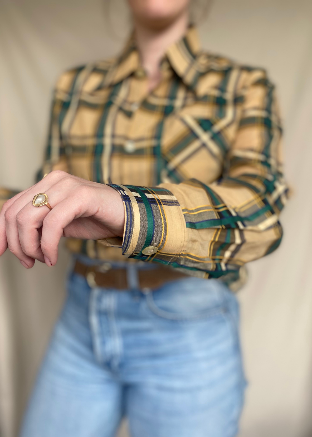 Beige geruiten blouse - maat M/L