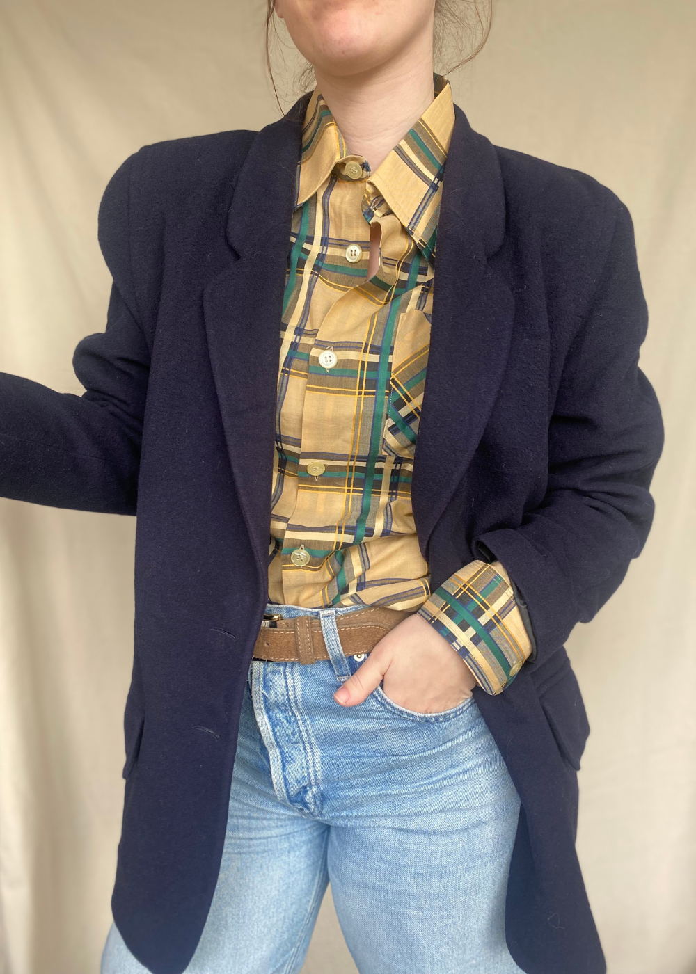 Beige geruiten blouse - maat M/L