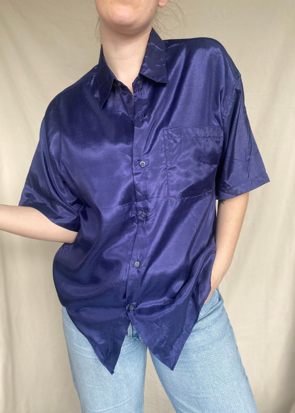 100% donkerblauwe zijde top - maat L/XL